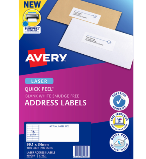 Avery Quick Peel Address Labels in 99.1mm x 34mm, 100 sheets with 16 labels each for efficient mailing and organization.