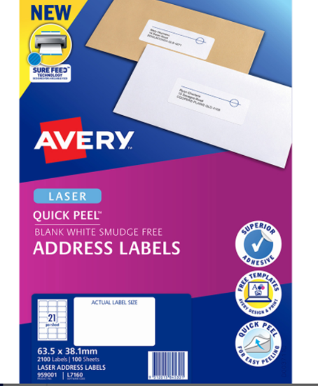 Avery Quick Peel Address Laser Labels, 100 sheets of 21 labels each, featuring Quick Peel and Sure Feed technology for efficient mailing.