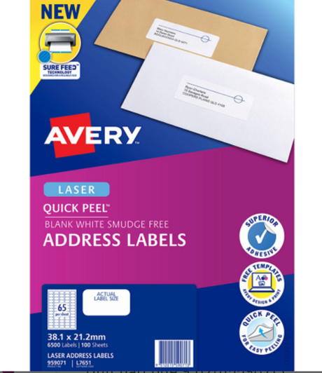 Avery Quick Peel Address Laser Labels: white, 38.1x21.2mm, 65 labels/sheet, 100 sheets, quick detachment, perfect for mailing.