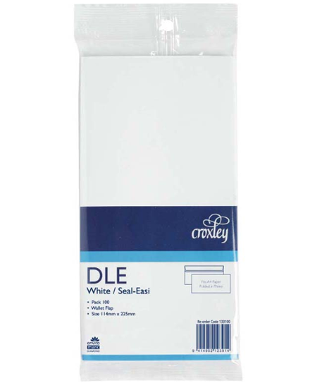 Croxley DLE White Envelopes, 225mm x 114mm, Pack of 100, Seal Easi, FSC certified for secure mailing and eco-friendliness.