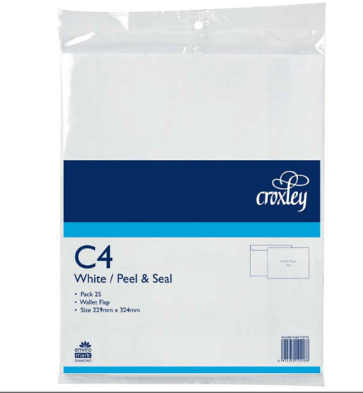 Croxley C4 white envelopes with peel & seal wallet flap, 324mm x 229mm, pack of 25 for efficient mailing and document protection.