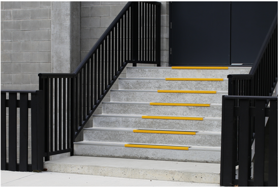 Yellow and black fibreglass stair nosing, 155 x 25 x 580mm, featuring anti-slip grit surface for safety on stairs.