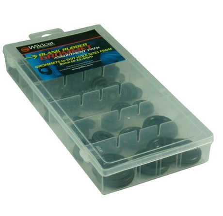 Assorted rubber grommets from Wildcat, suitable for 6.4mm to 25.4mm holes, stored in a durable plastic display case.