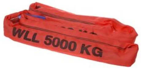 Bullivants Synthetic Round Sling in red, 1m length, with 5T capacity, heavy-duty casing, and test certificate for reliability.
