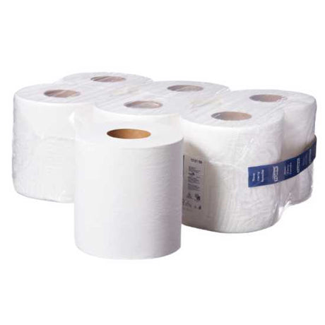 Tork M2 Basic Paper Centrefeed Roll, a 1-ply white roll, 300m long, eco-friendly, ideal for high-traffic hygiene needs.