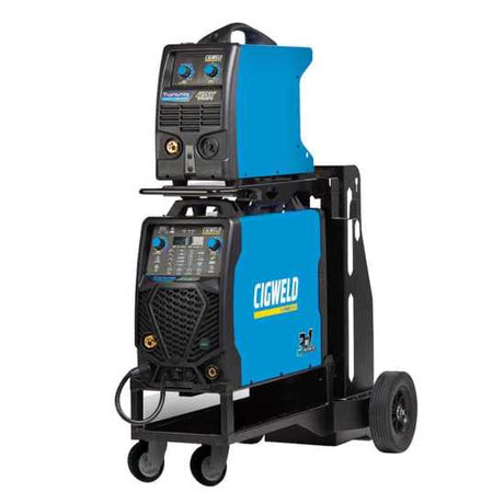 Cigweld Transmig 355i multiprocess welder with digital voltage meter, remote wire feeder, and advanced welding controls.