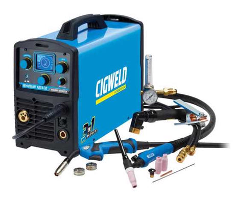 Cigweld Weldskill 185LCD: a 3-in-1 multiprocess welder for MIG, STICK, and TIG with LCD display and easy transport.