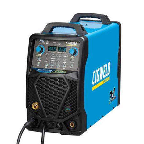 Cigweld Transmig 355i multiprocess welder with MIG, STICK, and TIG functions, featuring AUTO SET and 15 memory settings.