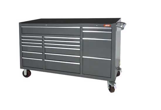 JBS 17-drawer roller tool chest in carbon grey with secure lock, heavy-duty handle, and EVA foam bench top for organized storage.