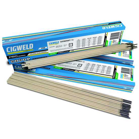 Cigweld Satincraft 13 welding electrodes in 4.0mm diameter, 5kg pack, featuring blue flux for low spatter and smooth welds.