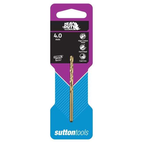 Sutton Cobalt Jobber Drill Bit 4.0mm, designed for efficient drilling in hard materials like stainless steel and cast iron.