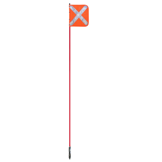 High-visibility 2.0m vehicle safety flag with durable fibreglass rod, available in red or yellow, ideal for towing and transport.