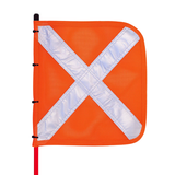 High-visibility 2.0m vehicle safety flag with durable fibreglass rod, available in red or yellow, ideal for towing and roadside safety.