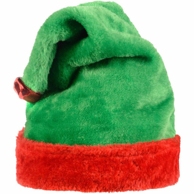 Vibrant green plush elf hat for adults, perfect for festive celebrations and holiday parties.