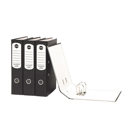 Marbig L/Arch Paper Spine A4 Black lever arch file, 75mm capacity, durable, secure locking, and spine label for easy identification.