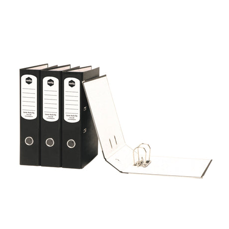 Black lever arch file with 75mm capacity, spine label for easy identification, and secure locking mechanism.