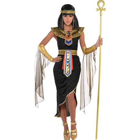 Elegant Egyptian Queen costume for women size 18-20, featuring a luxurious dress, headwreath, collar, belt, and sleevelettes.