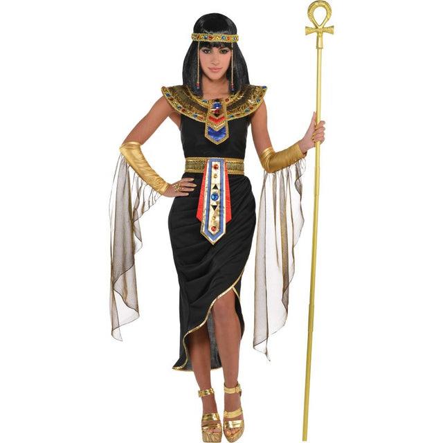 Elegant Egyptian Queen costume for women size 18-20, featuring a luxurious dress, headwreath, collar, belt, and sleevelettes.