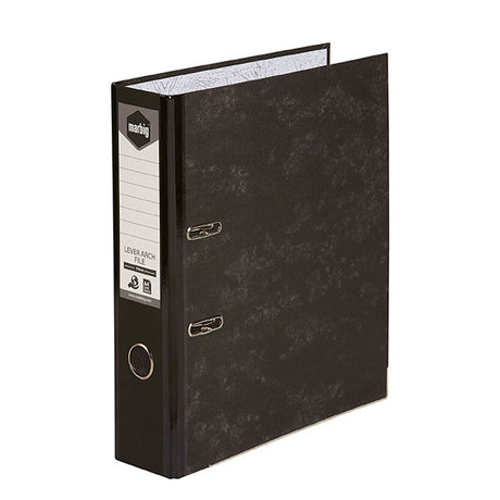 Marbig Paper Spine A4 Laf Black files in a pack of 10, featuring a 75mm capacity, locking mechanism, and eco-friendly design.