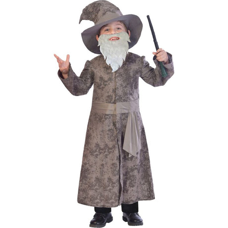 Wise Wizard costume for kids 5-6 years, featuring robe, hat, beard, and wand for magical adventures and imaginative play.