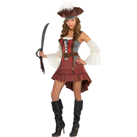 Women’s Castaway Pirate Costume (14-16) featuring a stylish dress, hat, and sleevelettes for adventurous themed events.