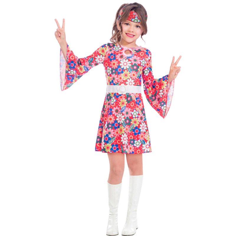 Vibrant 60s-inspired dress for girls, featuring a chic belt and headpiece, perfect for themed events and Halloween.