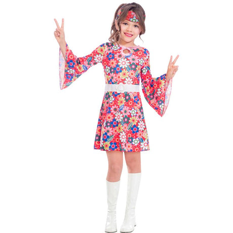 Vibrant 60s-inspired dress for girls, featuring a chic belt and headpiece, perfect for themed events and Halloween.