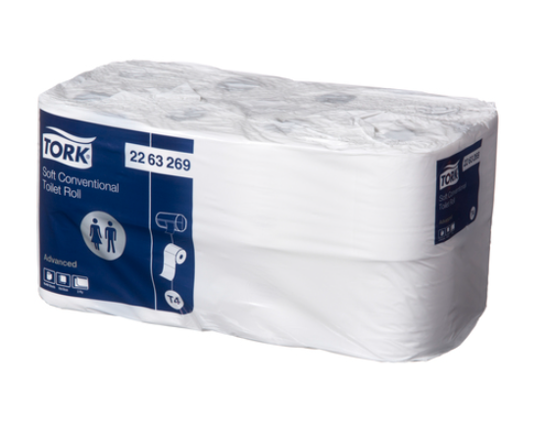 Tork 2-ply toilet paper roll with 400 sheets, featuring embossed pattern for comfort, ideal for high-traffic restrooms.