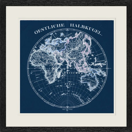 Framed art piece featuring a detailed map of the eastern hemisphere, measuring 60x60cm, ready to hang.