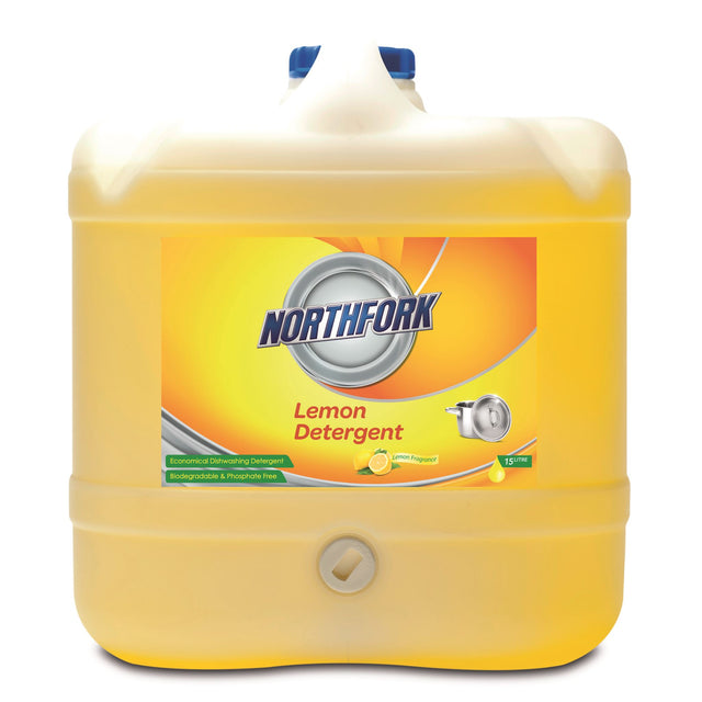 Northfork Lemon Detergent 15L bottle, featuring a lemon scent, ideal for effective, eco-friendly dishwashing.