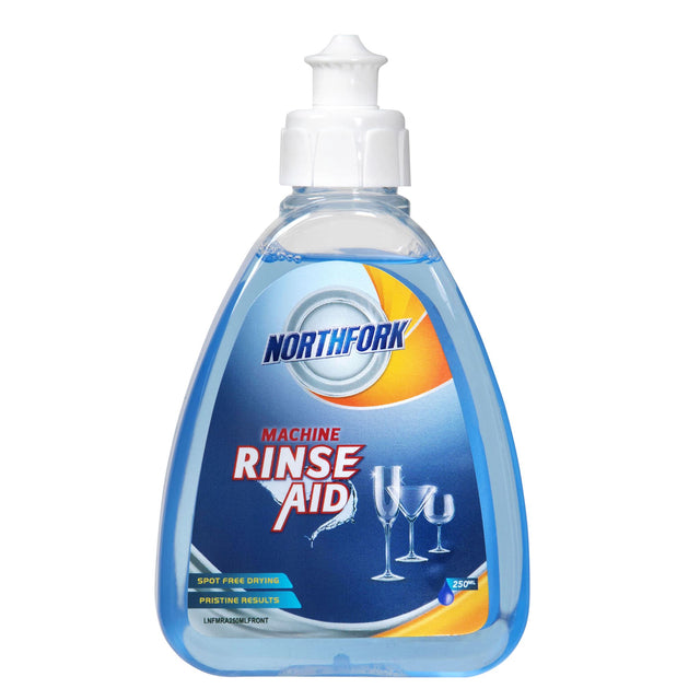 Northfork Machine Rinse Aid 250ml pack of 6, ensures streak-free, quick-drying results for spotless dishwashing.