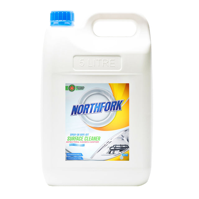 Northfork Spray On Wipe Off Surface Cleaner 5L bottle, an antibacterial cleaner with Ocean Fresh scent, perfect for kitchens and bathrooms.