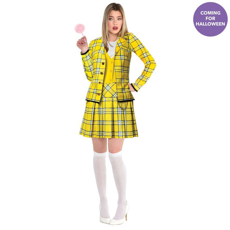 Clueless costume for women (sizes 8-10) featuring a stylish dress and attached jacket, perfect for 90s-themed events.