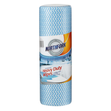 Northfork Heavy Duty Antibacterial Wipes in a pack of 50; absorbent, easy-tear, and ideal for versatile cleaning tasks.