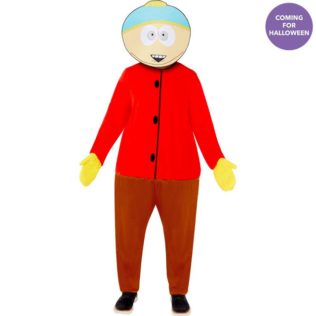 Men's South Park Cartman Costume featuring a cozy hooped fleece jumpsuit, mittens, and mask, perfect for costume parties.