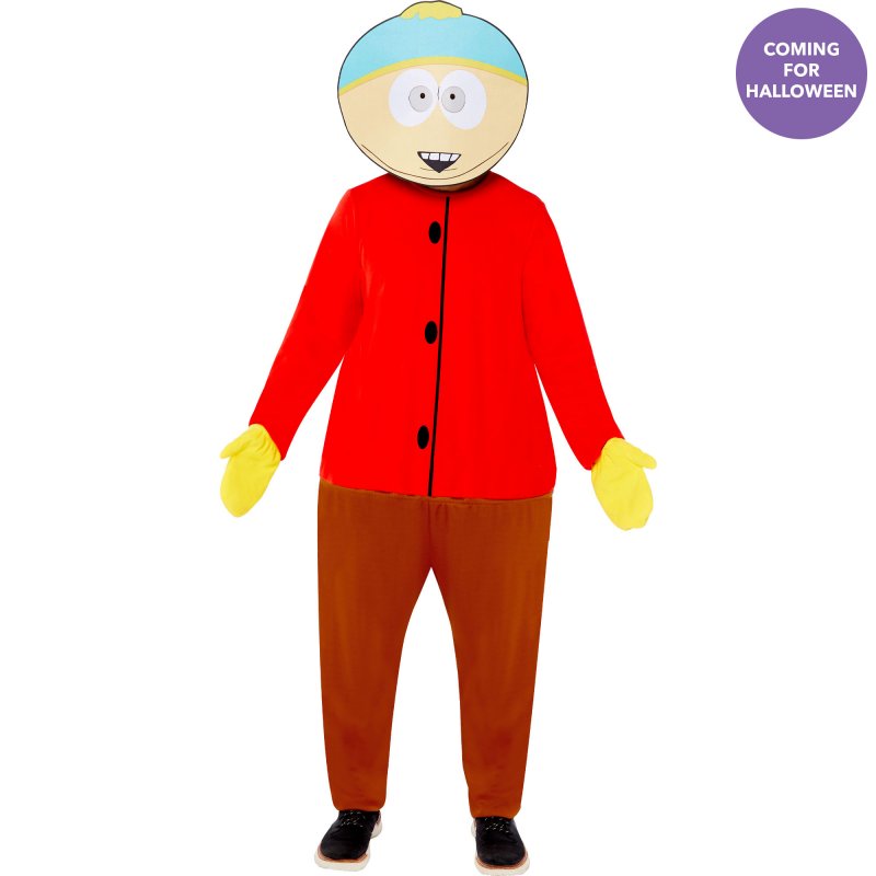 Men's XL South Park Cartman Costume featuring a vibrant hooped fleece jumpsuit, attached mittens, and full mask for cosplay fun.