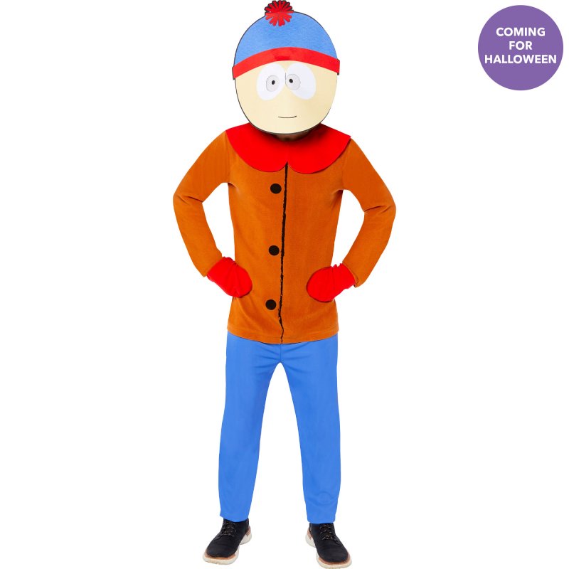 Men's South Park Stan costume featuring a fleece jumpsuit, mittens, and signature mask in iconic blue and red colors.