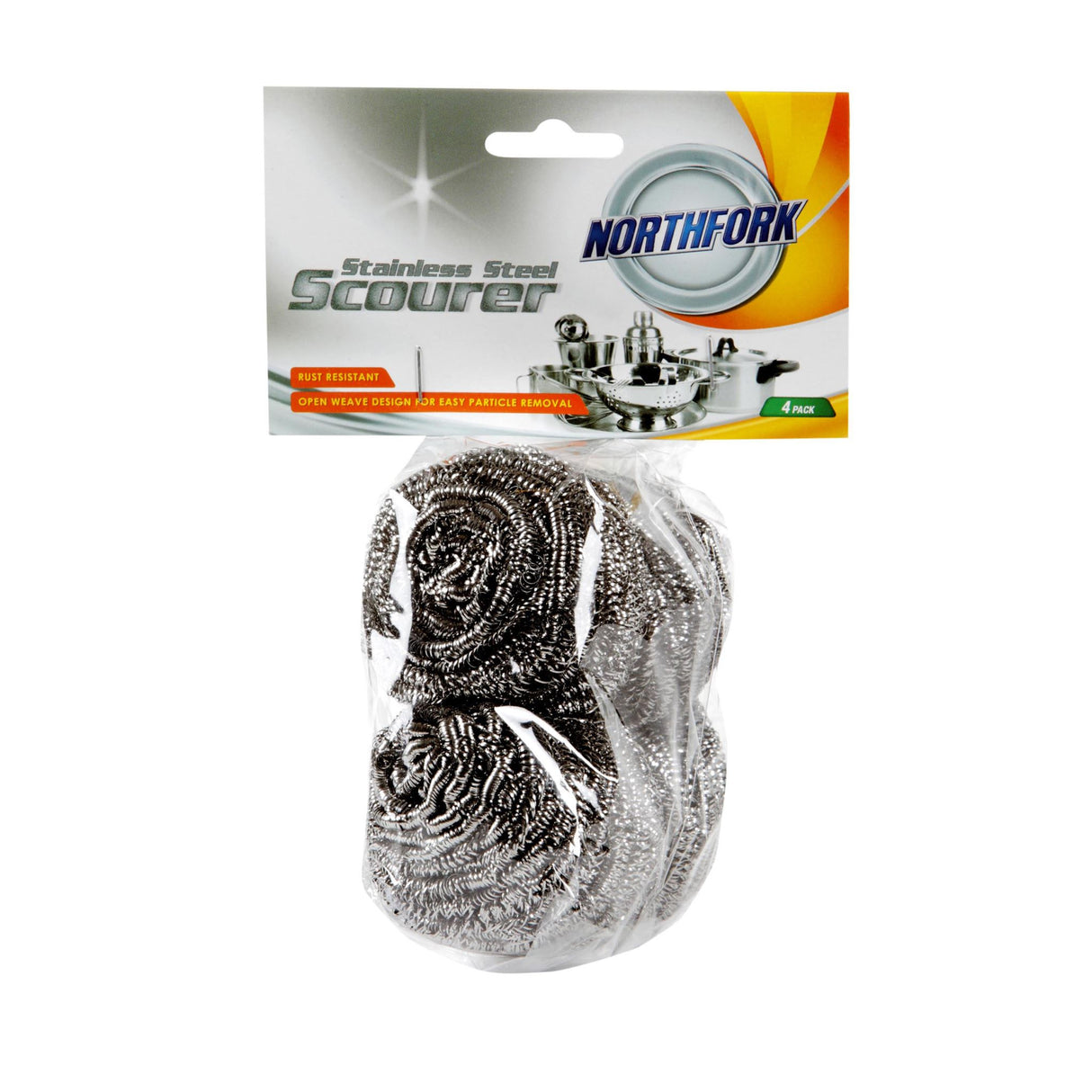 Set of 4 Northfork stainless steel scourers, designed for tough cleaning of burnt food and grease, rust-resistant and durable.