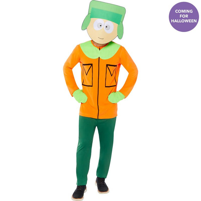 Men's South Park Kyle costume featuring a vibrant fleece jumpsuit with mittens and mask, perfect for cosplay and Halloween.