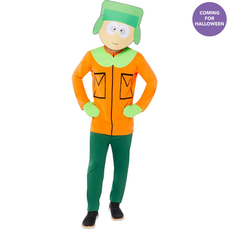 Men's large South Park Kyle costume featuring a cozy fleece jumpsuit, mittens, and mask for Halloween fun.