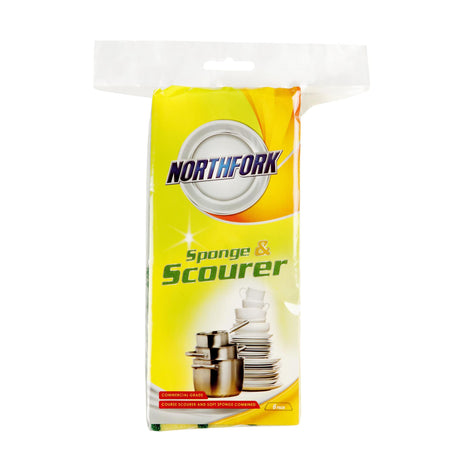 Northfork Sponge With Scourer Pk6: Dual-sided sponges with a soft, absorbent side and a durable abrasive top for effective cleaning.