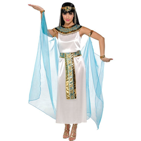 Elegant Queen Cleopatra costume featuring a detailed dress, collar, headdress, cape, armbands, and wrist cuffs for sizes 10-12.
