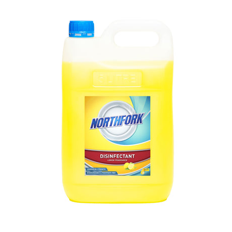 Northfork Lemon Disinfectant 5L pack of 3, effective for cleaning, disinfecting, and deodorizing all hard surfaces.