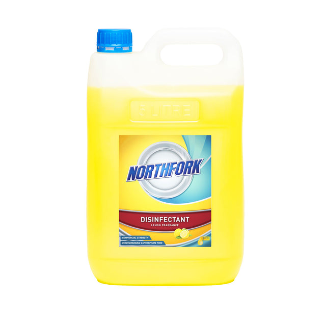 Northfork Lemon Disinfectant 5L pack of 3, effective for cleaning, disinfecting, and deodorizing all hard surfaces.