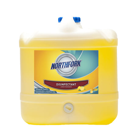 Northfork Lemon Disinfectant 15L, a powerful cleaner for hygiene in homes and businesses, effective on various hard surfaces.