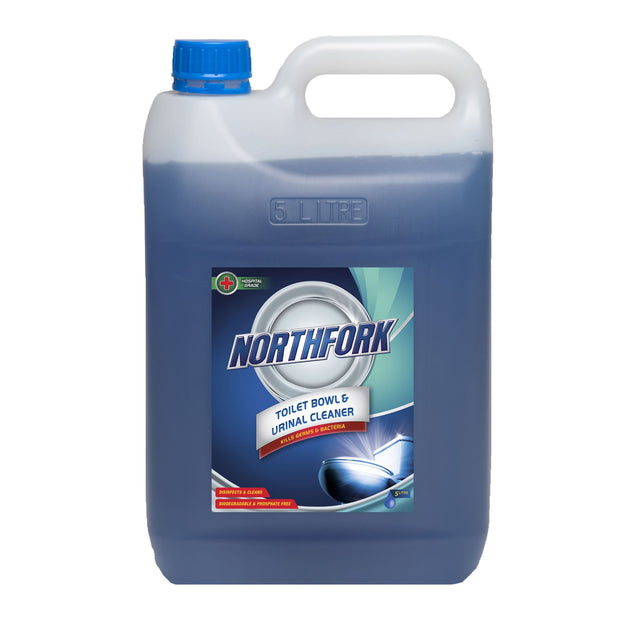 Northfork Toilet Bowl and Urinal Cleaner 5L, pack of 3, features a powerful, biodegradable formula for effective hygiene and disinfection.