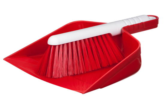 Bright red Browns brush and dustpan set, designed for efficient cleaning with durable synthetic bristles and a snug-fitting dustpan.