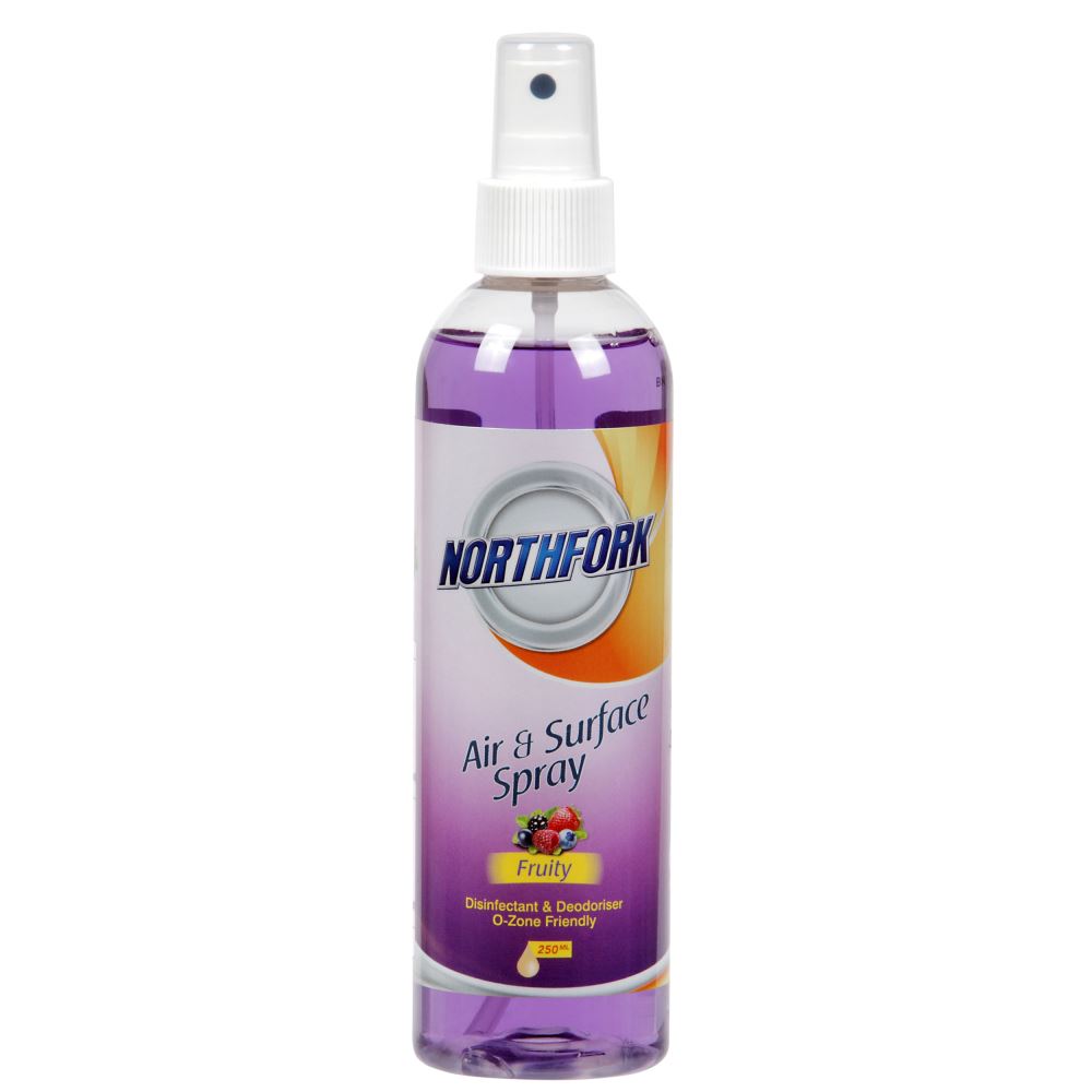 Northfork Air Freshener Disinfectant Fruity 250ml spray for disinfecting and deodorizing all washable surfaces.