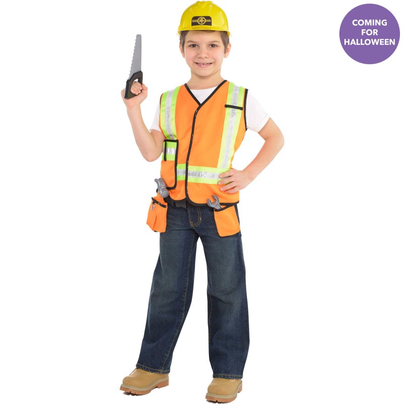 Colorful construction worker kit for kids aged 4-6, featuring a vest, tool belt, goggles, and essential tools for imaginative play.