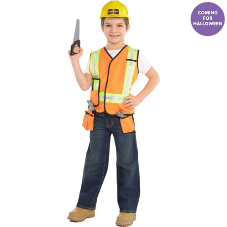 Colorful construction worker kit for kids aged 4-6, featuring a vest, tool belt, goggles, and essential tools for imaginative play.